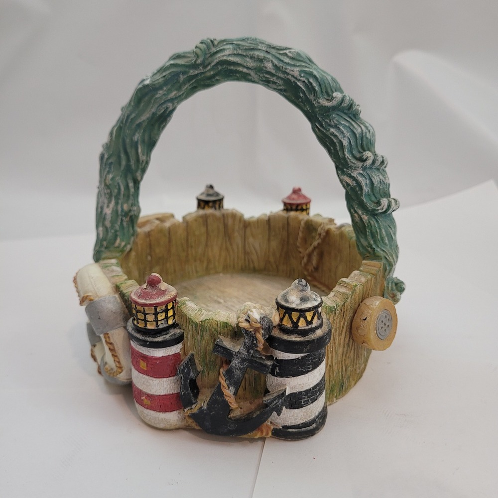 Nautical Lighthouse Resin Decorative Trinket Basket Wave Handle Coastal Decor
